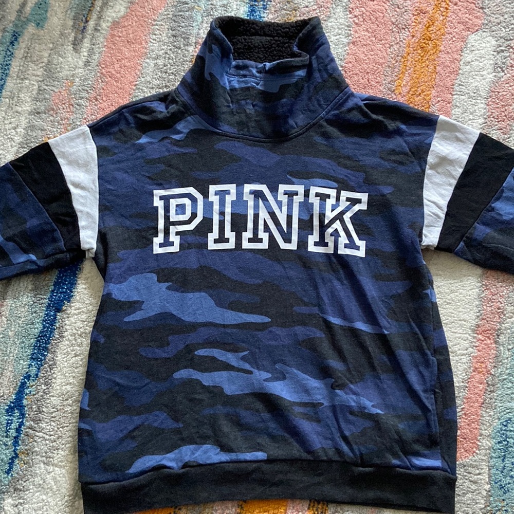 Pink Victoria Blue Camouflage Cotton Blend Turtleneck Fleece Sweater